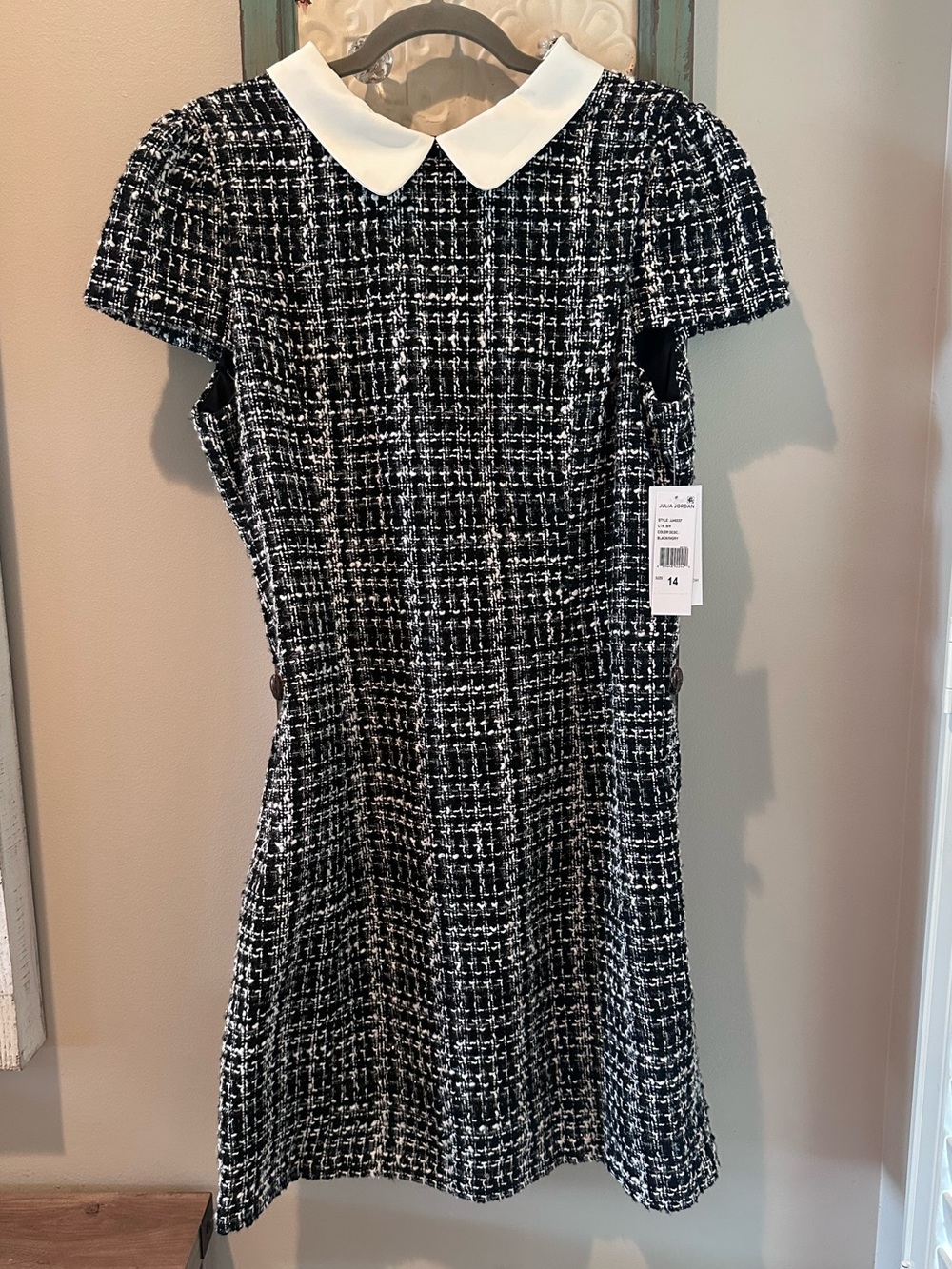 NWT Julia Jordan Black & Ivory Tweed Peter Pan Collar Fit & Flare Dress Size 14